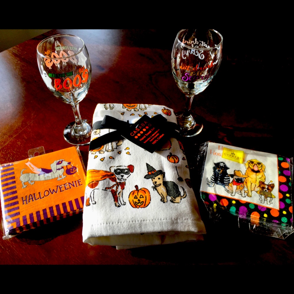 SOLD Halloween Dog Towels / Napkins / Wine Glasses